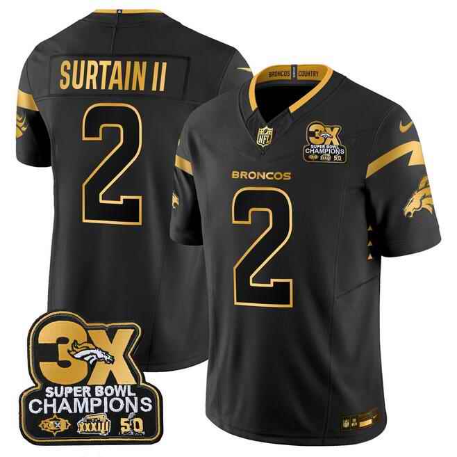 Men's Denver Broncos #2 Pat Surtain II Black/Gold F.U.S.E. 3-Time Champions Patch Vapor Limited Stitched Football Jersey
